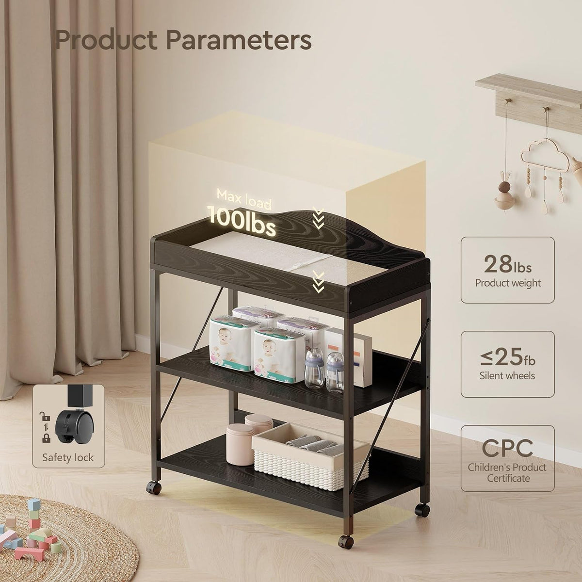 Baby Changing Table, Diaper Station with Pad, 2-Tier Shelves, Mobile, White