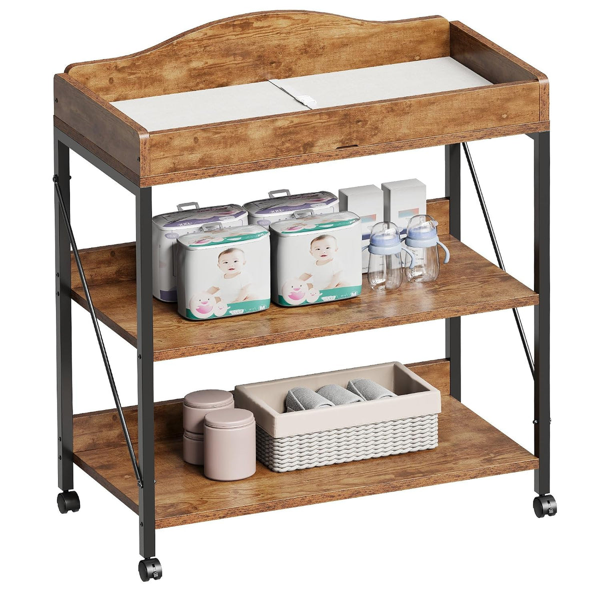 Baby Changing Table, Diaper Station with Pad, 2-Tier Shelves, Mobile, White