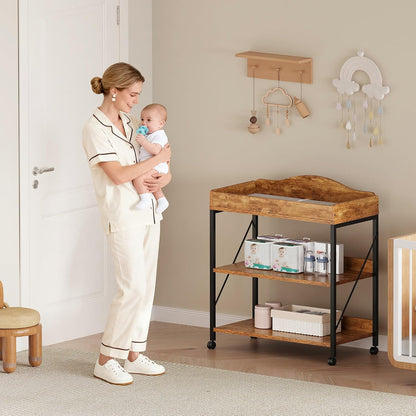 Baby Changing Table, Diaper Station with Pad, 2-Tier Shelves, Mobile, White
