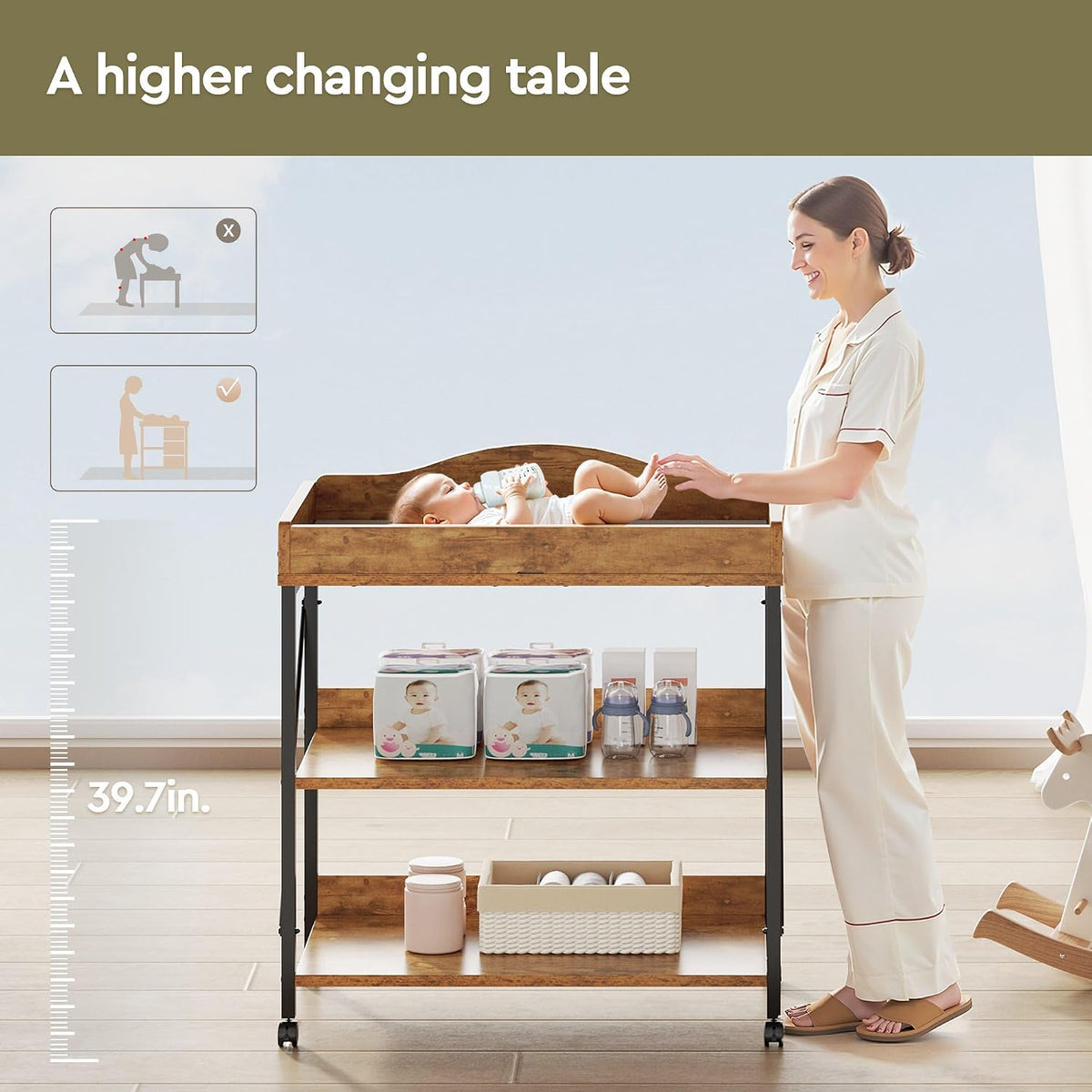 Baby Changing Table, Diaper Station with Pad, 2-Tier Shelves, Mobile, White