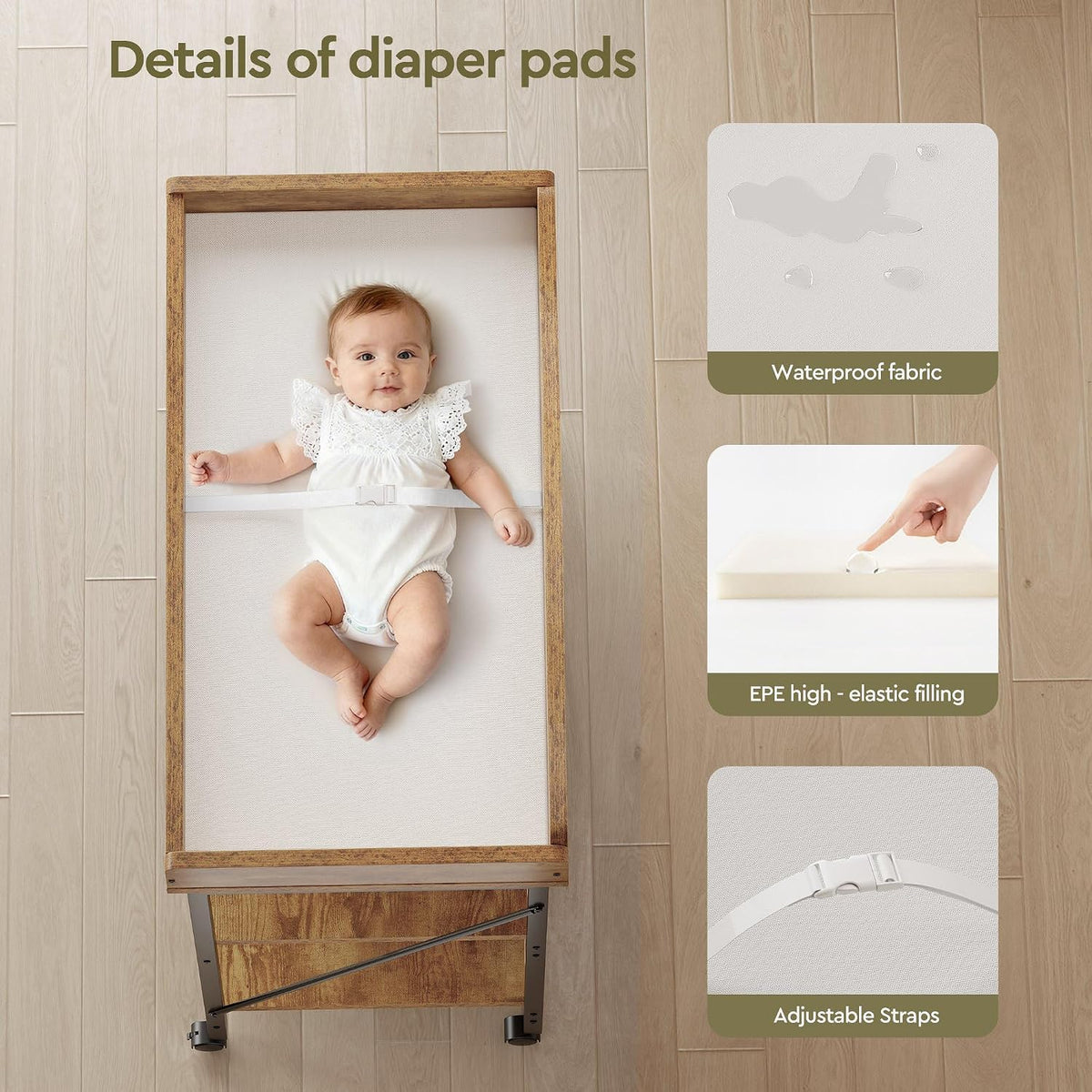 Baby Changing Table, Diaper Station with Pad, 2-Tier Shelves, Mobile, White