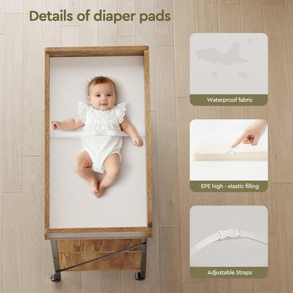 Baby Changing Table, Diaper Station with Pad, 2-Tier Shelves, Mobile, White