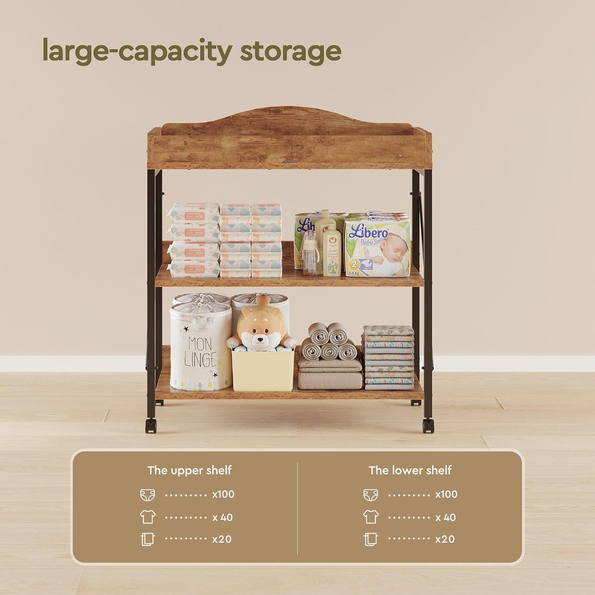 Baby Changing Table, Diaper Station with Pad, 2-Tier Shelves, Mobile, White