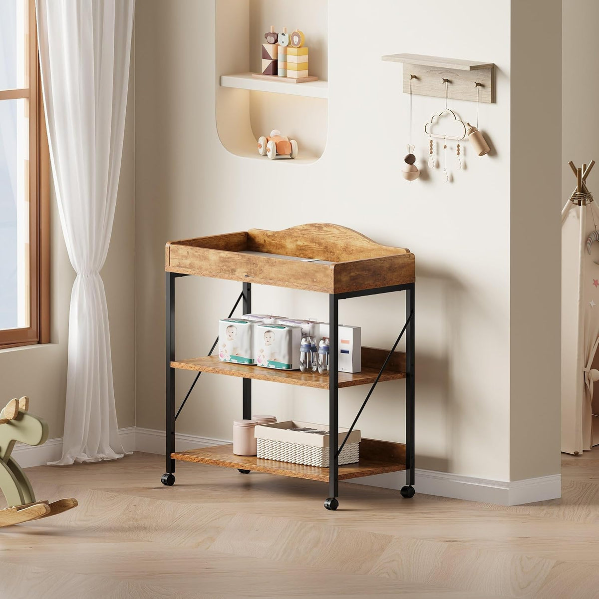 Baby Changing Table, Diaper Station with Pad, 2-Tier Shelves, Mobile, White