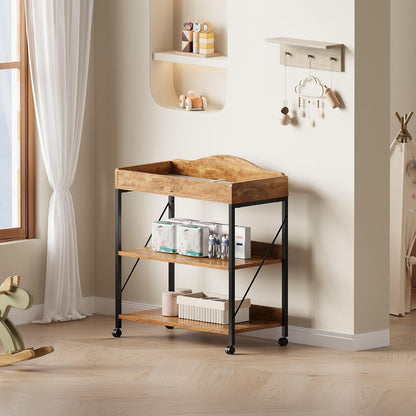 Baby Changing Table, Diaper Station with Pad, 2-Tier Shelves, Mobile, White