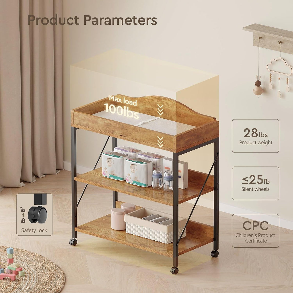 Baby Changing Table, Diaper Station with Pad, 2-Tier Shelves, Mobile, White