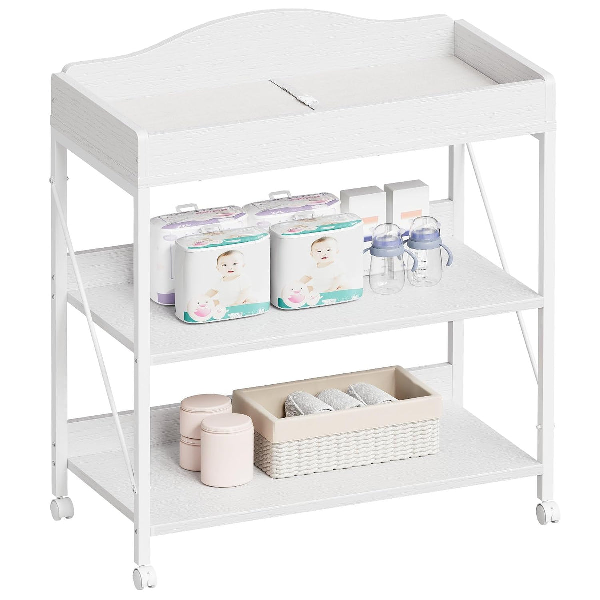 Baby Changing Table, Diaper Station with Pad, 2-Tier Shelves, Mobile, White