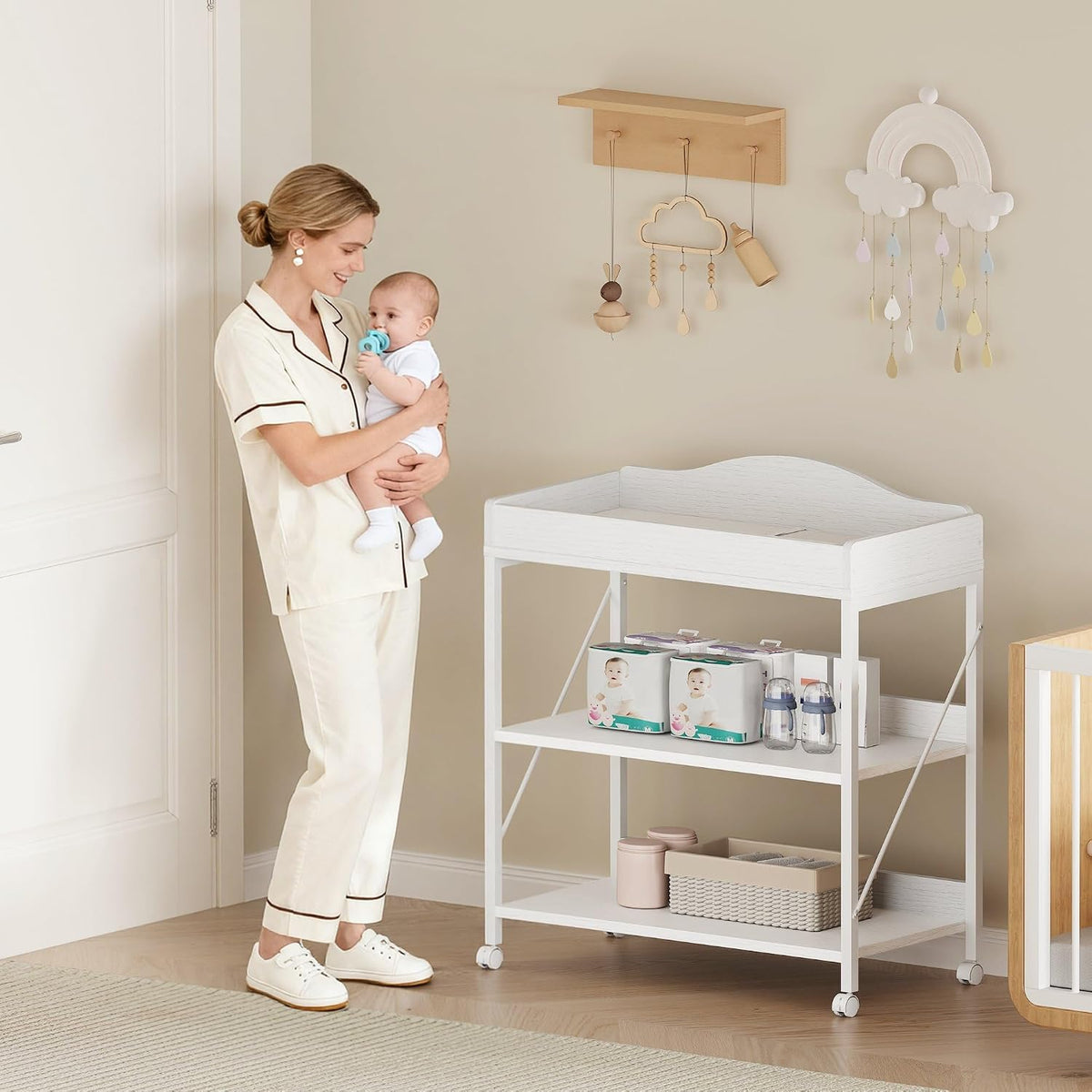 Baby Changing Table, Diaper Station with Pad, 2-Tier Shelves, Mobile, White
