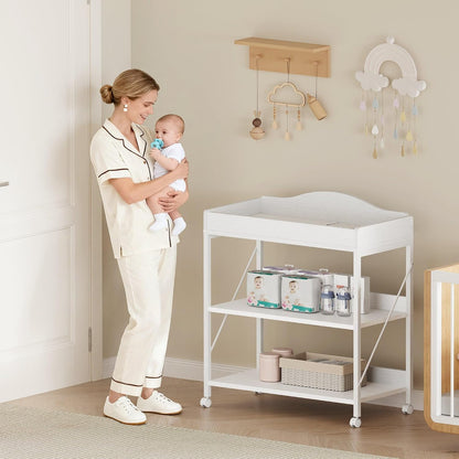 Baby Changing Table, Diaper Station with Pad, 2-Tier Shelves, Mobile, White