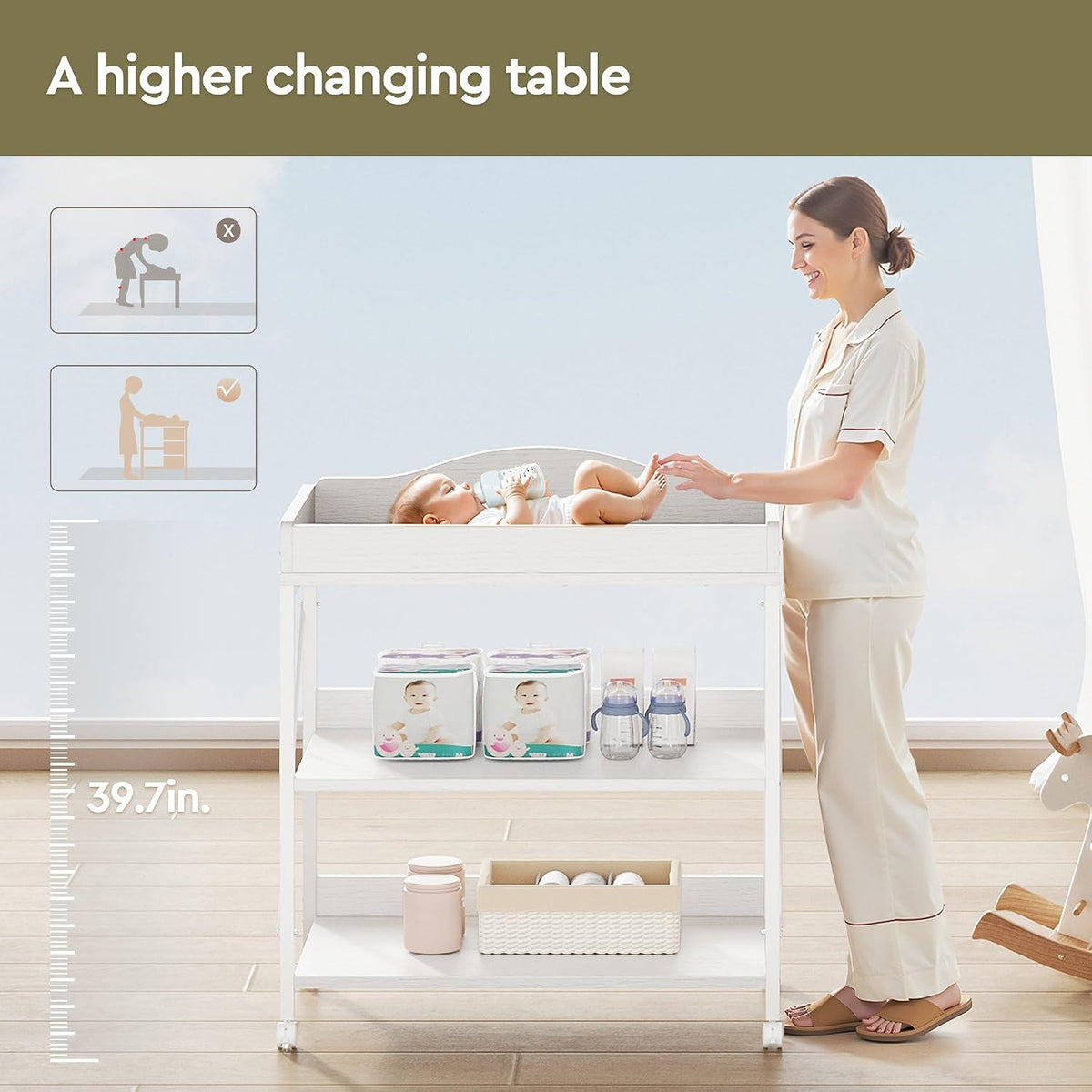 Baby Changing Table, Diaper Station with Pad, 2-Tier Shelves, Mobile, White