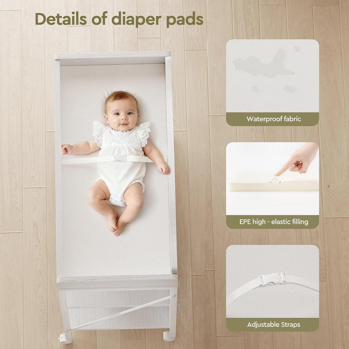 Baby Changing Table, Diaper Station with Pad, 2-Tier Shelves, Mobile, White