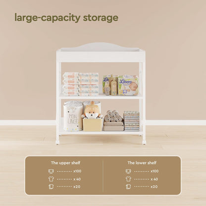 Baby Changing Table, Diaper Station with Pad, 2-Tier Shelves, Mobile, White