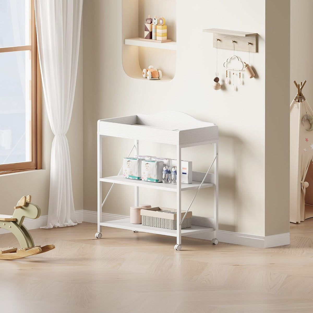 Baby Changing Table, Diaper Station with Pad, 2-Tier Shelves, Mobile, White