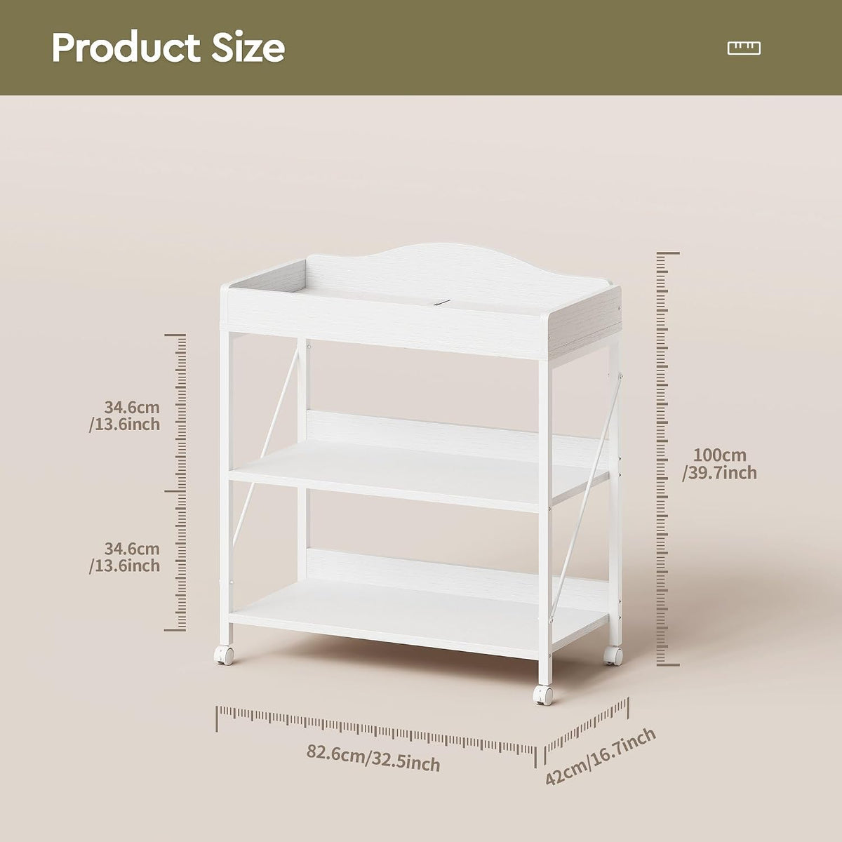 Baby Changing Table, Diaper Station with Pad, 2-Tier Shelves, Mobile, White