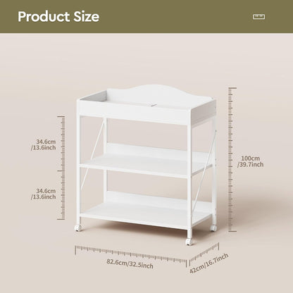Baby Changing Table, Diaper Station with Pad, 2-Tier Shelves, Mobile, White