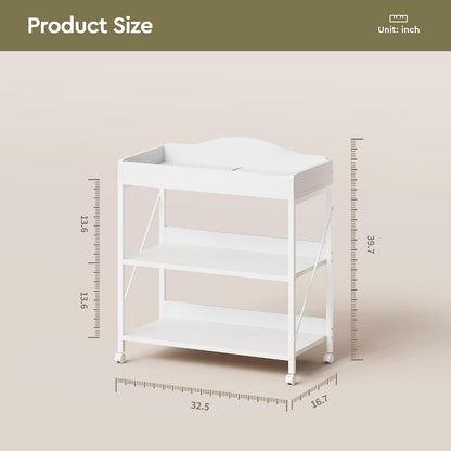 Baby Changing Table, Diaper Station with Pad, 2-Tier Shelves, Mobile, White