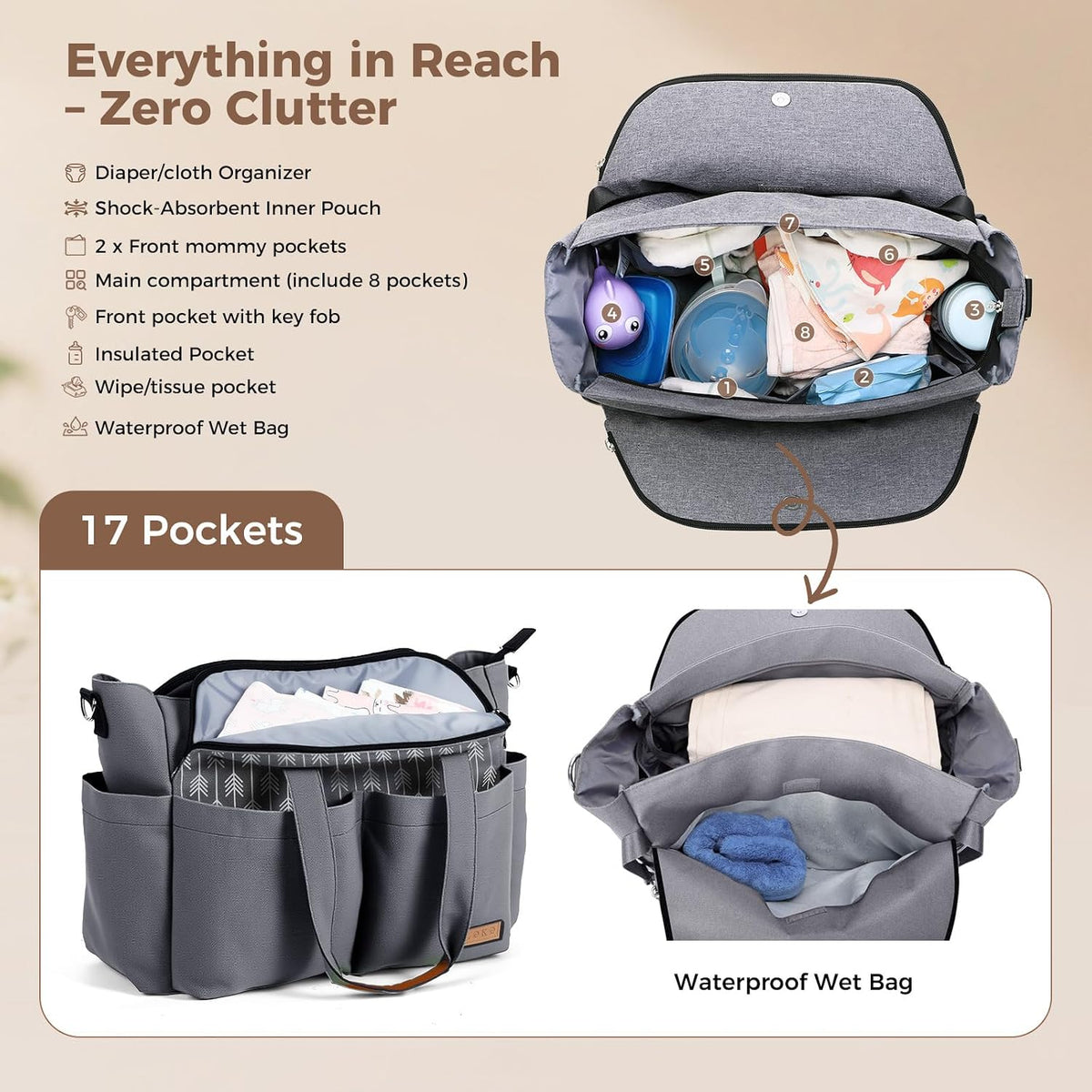Diaper Bag Tote 17 Pockets Large Travel Diaper Black