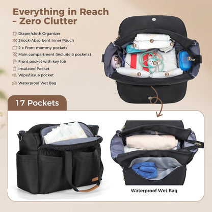 Diaper Bag Tote 17 Pockets Large Travel Diaper Black