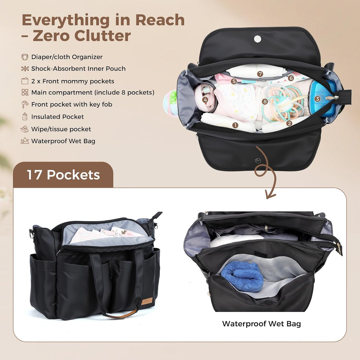 Diaper Bag Tote 17 Pockets Large Travel Diaper Black