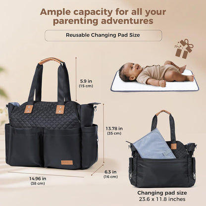 Diaper Bag Tote 17 Pockets Large Travel Diaper Black