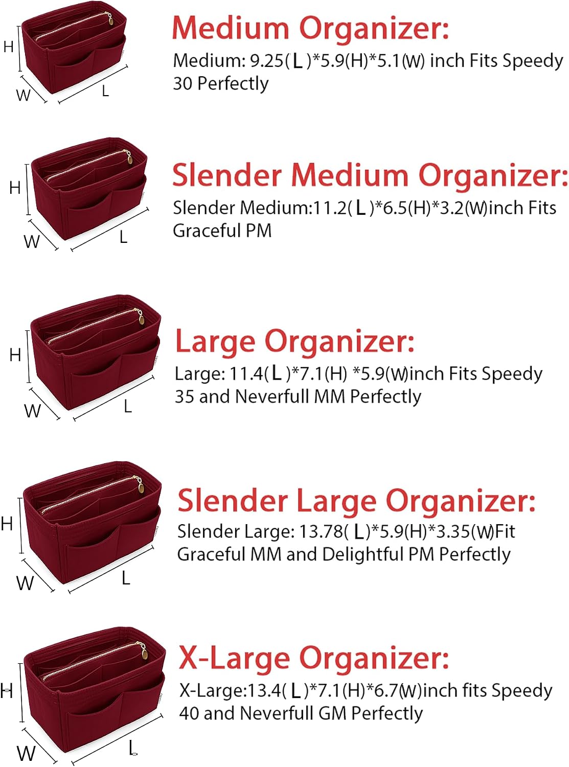 Felt Purse Organizer Insert, Tote Bag Shaper Dividers with 5 Sizes
