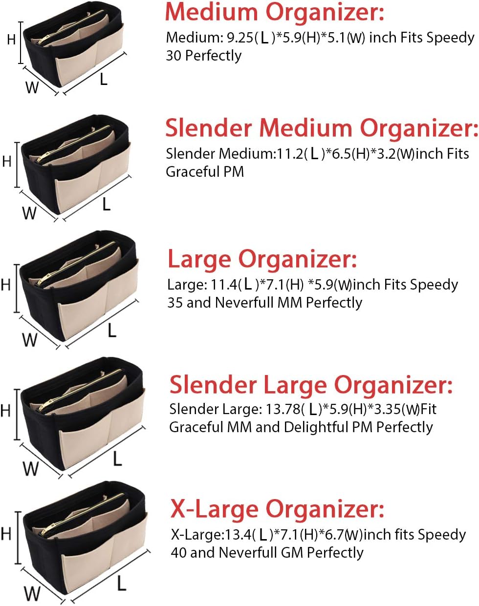Felt Purse Organizer Insert, Tote Bag Shaper Dividers with 5 Sizes