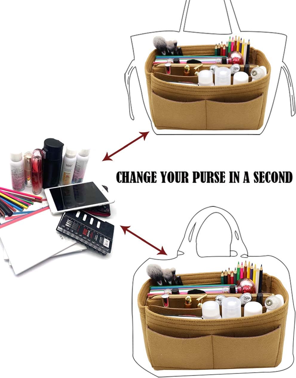 Felt Purse Organizer Insert, Tote Bag Shaper Dividers with 5 Sizes