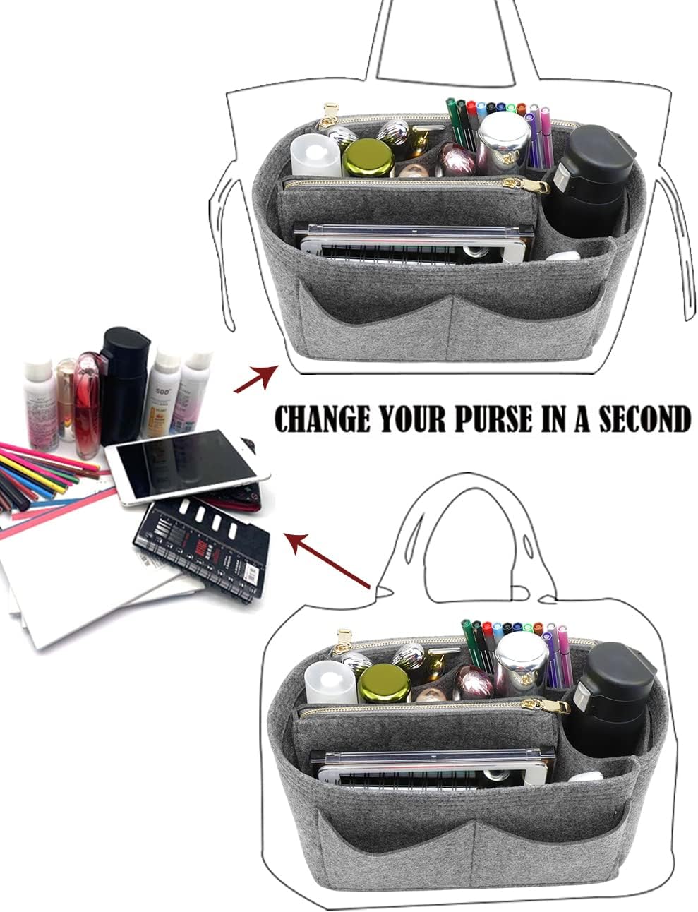 Felt Purse Organizer Insert, Tote Bag Shaper Dividers with 5 Sizes