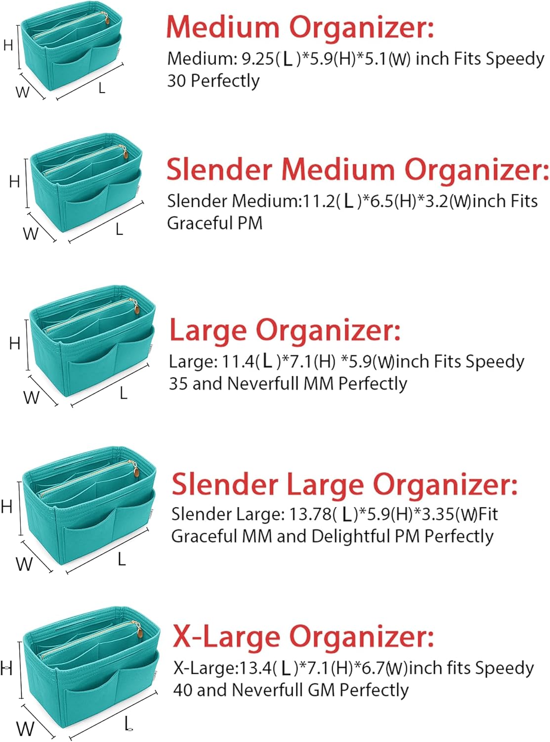 Felt Purse Organizer Insert, Tote Bag Shaper Dividers with 5 Sizes