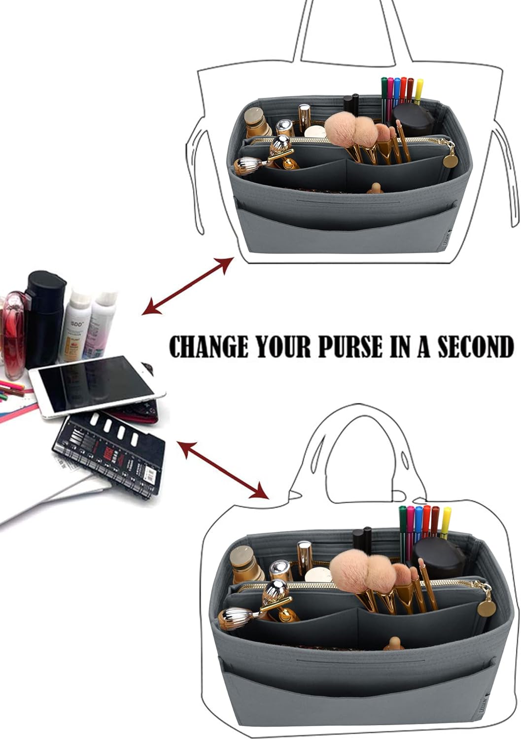 Felt Purse Organizer Insert, Tote Bag Shaper Dividers with 5 Sizes