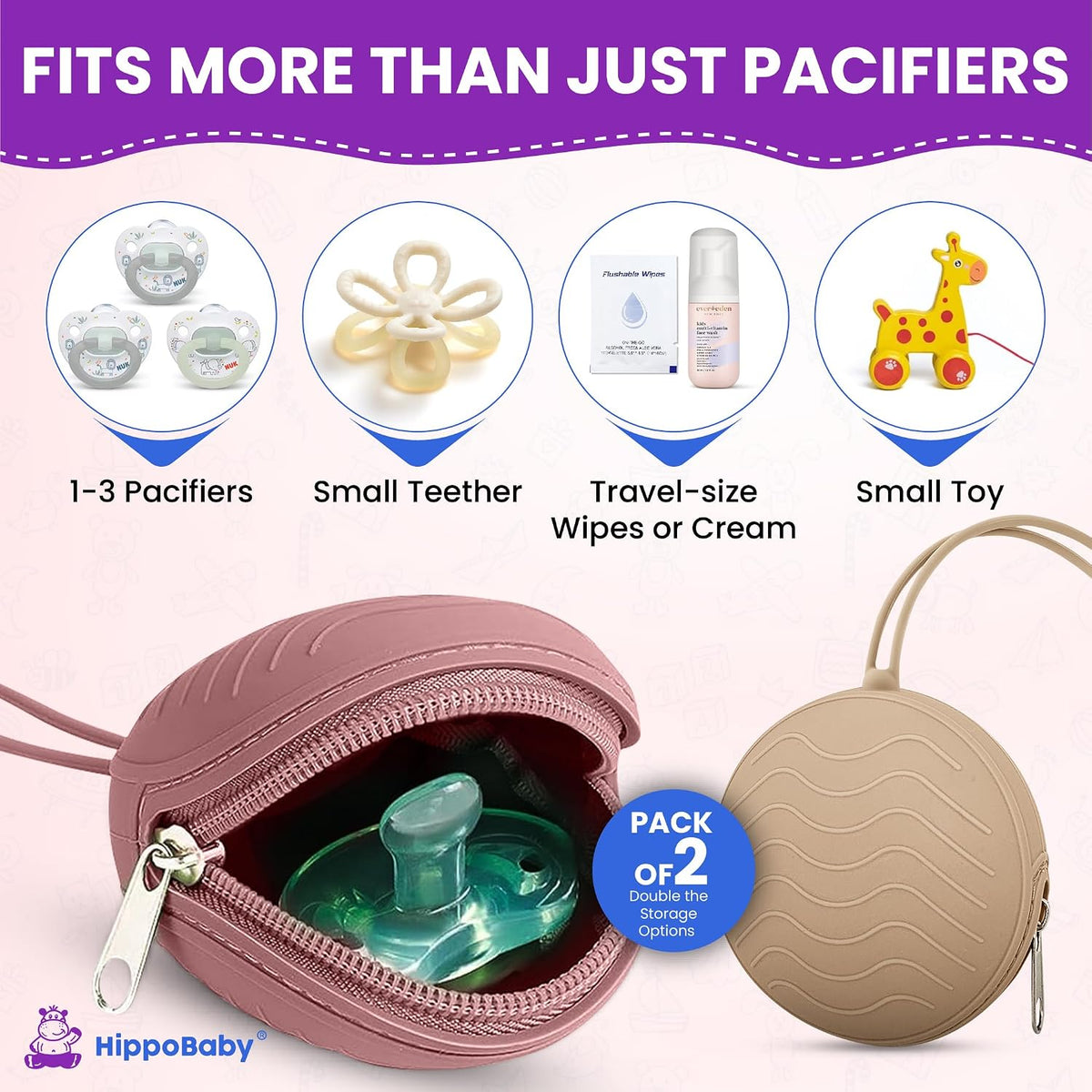 Silicone Pacifier Holder Case 2-Pack – BPA-Free, Food-Grade Silicone – Zippered Travel Pacifier Organizer – Portable Baby Case for Pacifiers, Teethers & Essentials – Dishwasher Safe