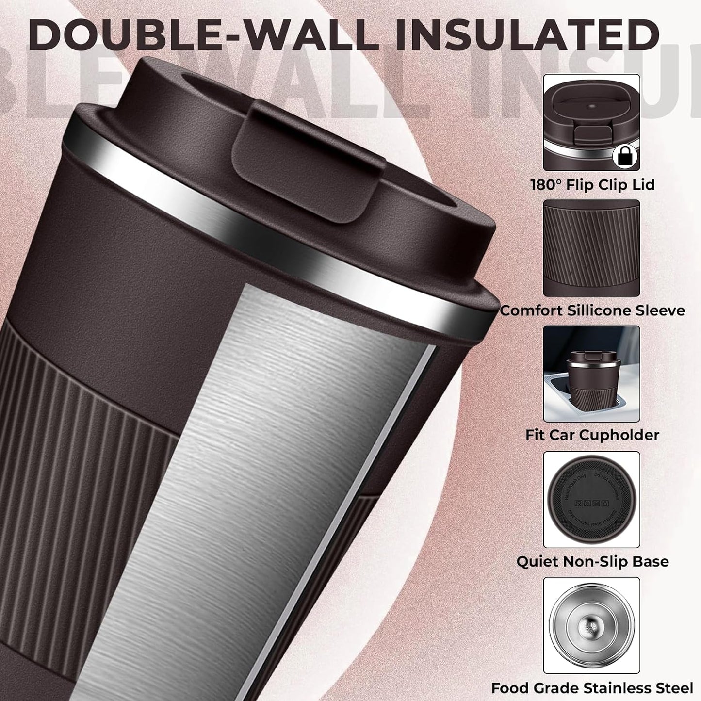 Insulated Coffee Tumbler 12 oz, Stainless Steel Coffee Mug with Lids, Travel Coffee Mug Leak Proof, Double Wall Vacuum Insulated Reusable Coffee Cup, Keep Drinks Hot and Cold (Orange, 12 Ounces)