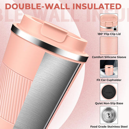 Insulated Coffee Tumbler 12 oz, Stainless Steel Coffee Mug with Lids, Travel Coffee Mug Leak Proof, Double Wall Vacuum Insulated Reusable Coffee Cup, Keep Drinks Hot and Cold (Orange, 12 Ounces)