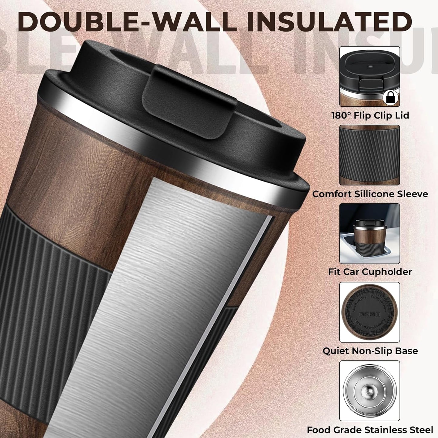 Insulated Coffee Tumbler 12 oz, Stainless Steel Coffee Mug with Lids, Travel Coffee Mug Leak Proof, Double Wall Vacuum Insulated Reusable Coffee Cup, Keep Drinks Hot and Cold (Orange, 12 Ounces)