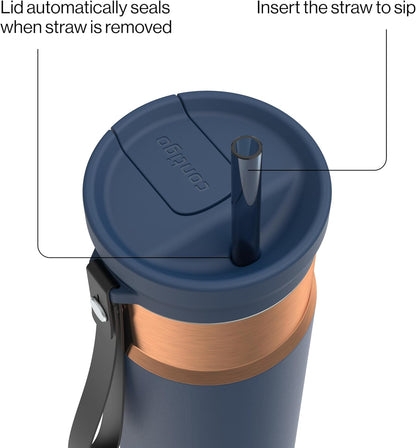 SnapSeal 16 oz Stainless Steel Vacuum-Insulated Water Bottle with Leakproof AutoClose Lid (Straw-Compatible) & Carry Strap, BPA-Free & Lead-Free, Dishwasher Safe