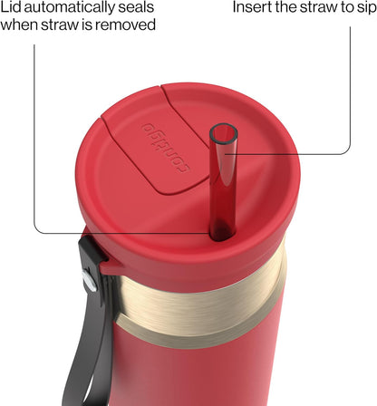 SnapSeal 16 oz Stainless Steel Vacuum-Insulated Water Bottle with Leakproof AutoClose Lid (Straw-Compatible) & Carry Strap, BPA-Free & Lead-Free, Dishwasher Safe