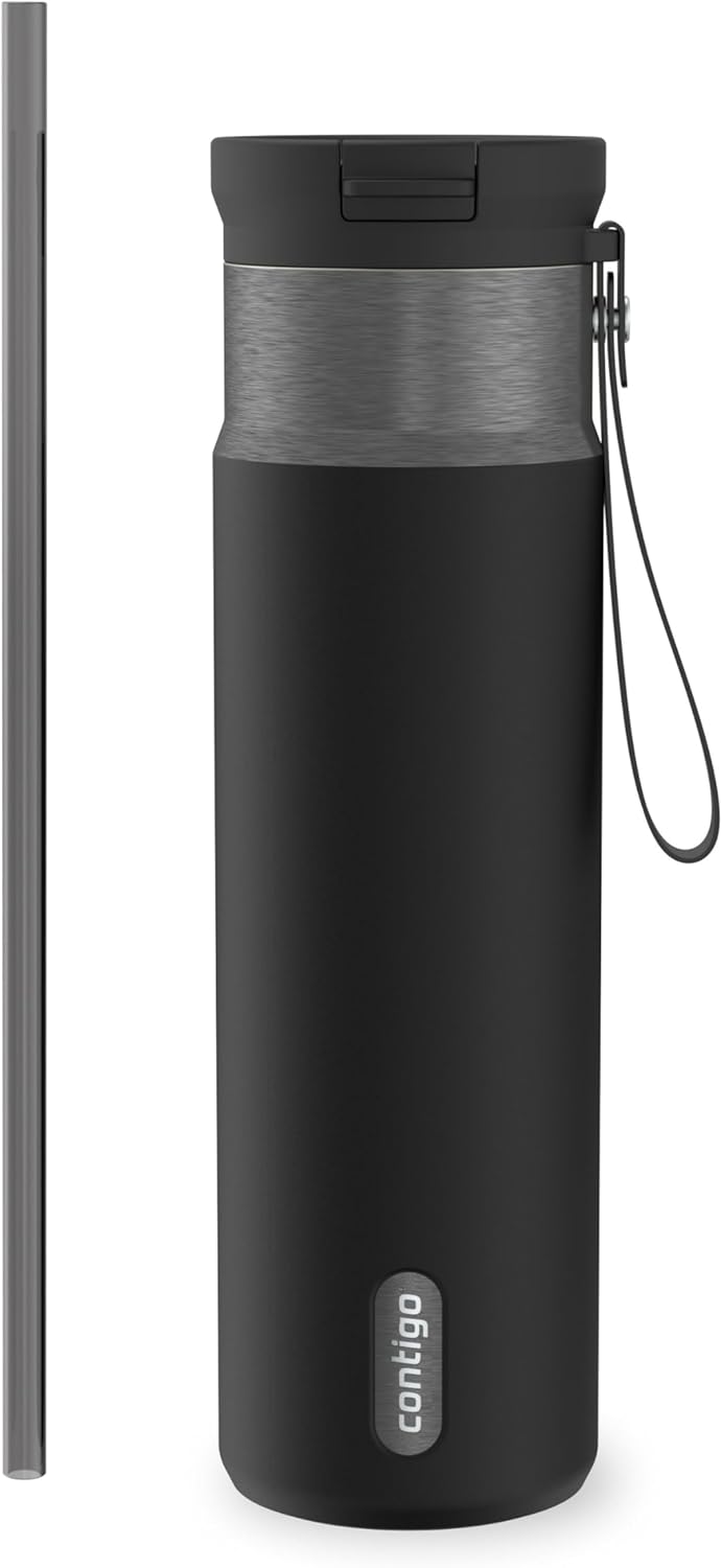 SnapSeal 16 oz Stainless Steel Vacuum-Insulated Water Bottle with Leakproof AutoClose Lid (Straw-Compatible) & Carry Strap, BPA-Free & Lead-Free, Dishwasher Safe