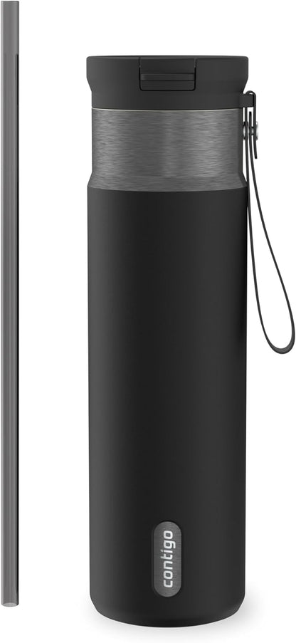 SnapSeal 16 oz Stainless Steel Vacuum-Insulated Water Bottle with Leakproof AutoClose Lid (Straw-Compatible) & Carry Strap, BPA-Free & Lead-Free, Dishwasher Safe