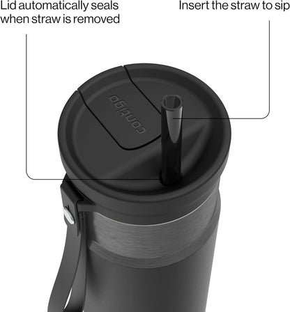 SnapSeal 16 oz Stainless Steel Vacuum-Insulated Water Bottle with Leakproof AutoClose Lid (Straw-Compatible) & Carry Strap, BPA-Free & Lead-Free, Dishwasher Safe