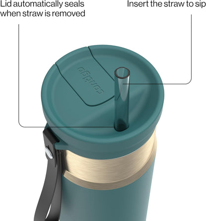 SnapSeal 16 oz Stainless Steel Vacuum-Insulated Water Bottle with Leakproof AutoClose Lid (Straw-Compatible) & Carry Strap, BPA-Free & Lead-Free, Dishwasher Safe