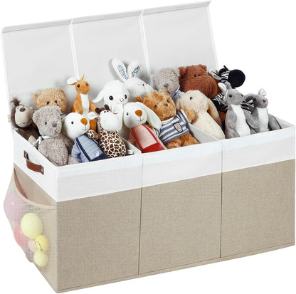 Extra Large Foldable Toy Chest with Lid,Collapsible Kids Toy Storage Box Organizer,Large Fabric Storage Bin for Nursery Playroom Bedroom Living Room,40”x18”x14”,White & Beige