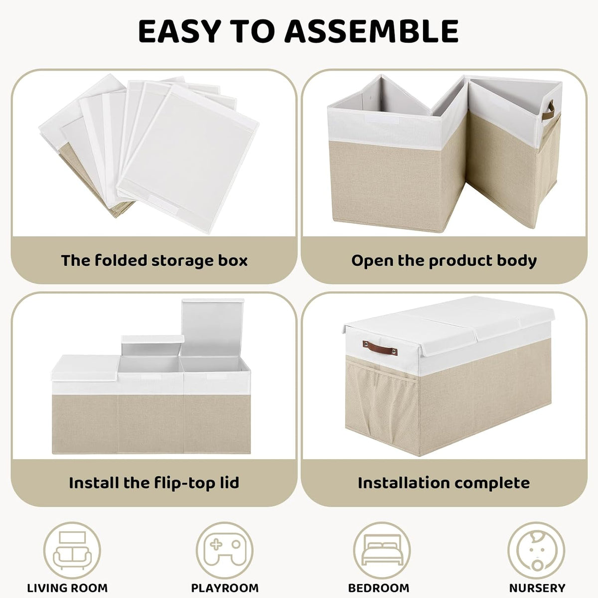 Extra Large Foldable Toy Chest with Lid,Collapsible Kids Toy Storage Box Organizer,Large Fabric Storage Bin for Nursery Playroom Bedroom Living Room,40”x18”x14”,White & Beige