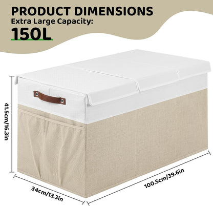 Extra Large Foldable Toy Chest with Lid,Collapsible Kids Toy Storage Box Organizer,Large Fabric Storage Bin for Nursery Playroom Bedroom Living Room,40”x18”x14”,White & Beige