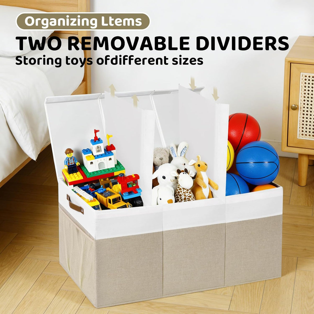 Extra Large Foldable Toy Chest with Lid,Collapsible Kids Toy Storage Box Organizer,Large Fabric Storage Bin for Nursery Playroom Bedroom Living Room,40”x18”x14”,White & Beige