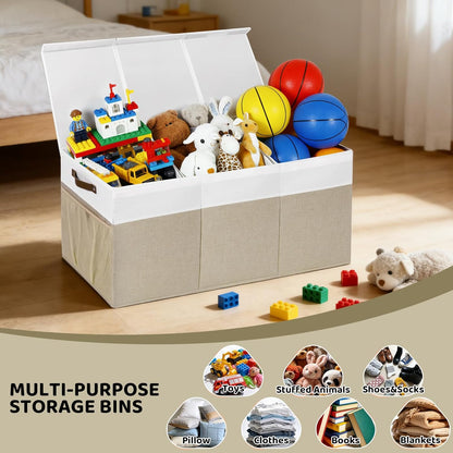 Extra Large Foldable Toy Chest with Lid,Collapsible Kids Toy Storage Box Organizer,Large Fabric Storage Bin for Nursery Playroom Bedroom Living Room,40”x18”x14”,White & Beige