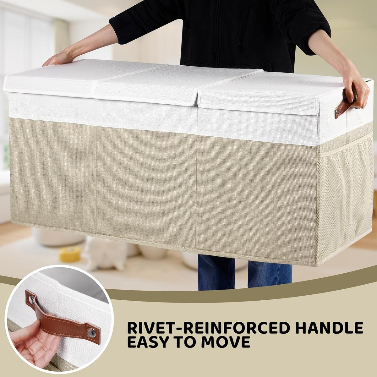 Extra Large Foldable Toy Chest with Lid,Collapsible Kids Toy Storage Box Organizer,Large Fabric Storage Bin for Nursery Playroom Bedroom Living Room,40”x18”x14”,White & Beige