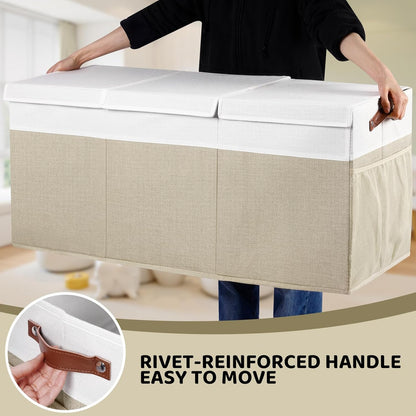 Extra Large Foldable Toy Chest with Lid,Collapsible Kids Toy Storage Box Organizer,Large Fabric Storage Bin for Nursery Playroom Bedroom Living Room,40”x18”x14”,White & Beige