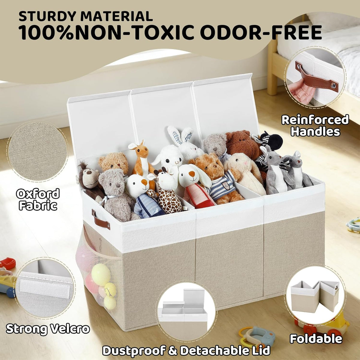 Extra Large Foldable Toy Chest with Lid,Collapsible Kids Toy Storage Box Organizer,Large Fabric Storage Bin for Nursery Playroom Bedroom Living Room,40”x18”x14”,White & Beige