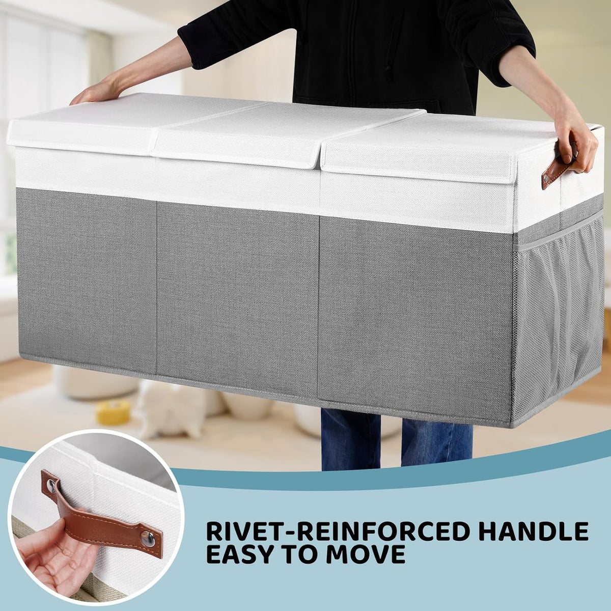 Extra Large Foldable Toy Chest with Lid,Collapsible Kids Toy Storage Box Organizer,Large Fabric Storage Bin for Nursery Playroom Bedroom Living Room,40”x18”x14”,White & Beige