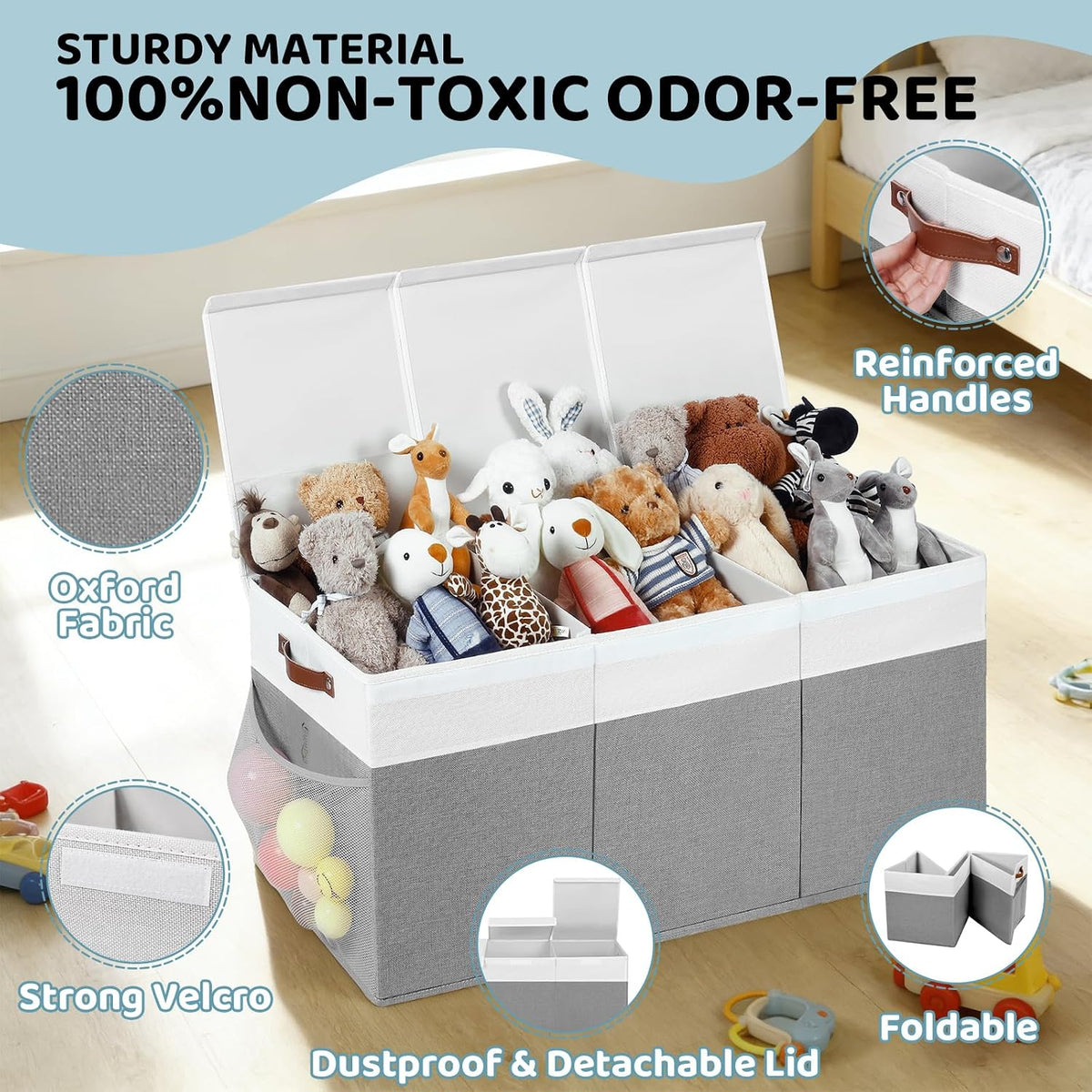 Extra Large Foldable Toy Chest with Lid,Collapsible Kids Toy Storage Box Organizer,Large Fabric Storage Bin for Nursery Playroom Bedroom Living Room,40”x18”x14”,White & Beige